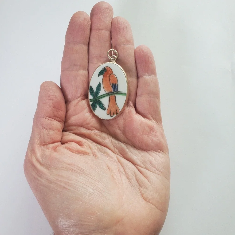 Vintage Hand Painted Ceramic Bird Pendant Oval Tropical Parrot Charm Silver Tone